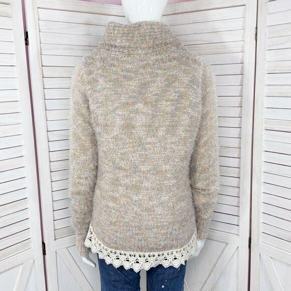 Gimmicks‎ by BKE Eyelash Yarn Lace Trim Cardigan Sweater Tan Multi Small - Picture 6 of 16